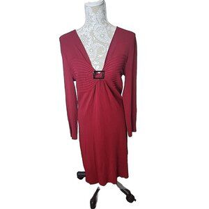 BCBGMAXAZRIA Dress Midi Knit Sheath Cocktail Deep V Neck Red Women's XL